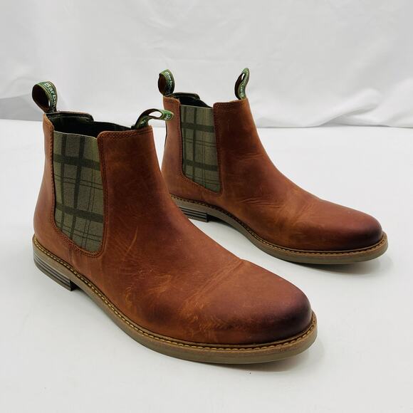 Barbour 12 brown leather green plaid chelsea boots - Picture 1 of 8